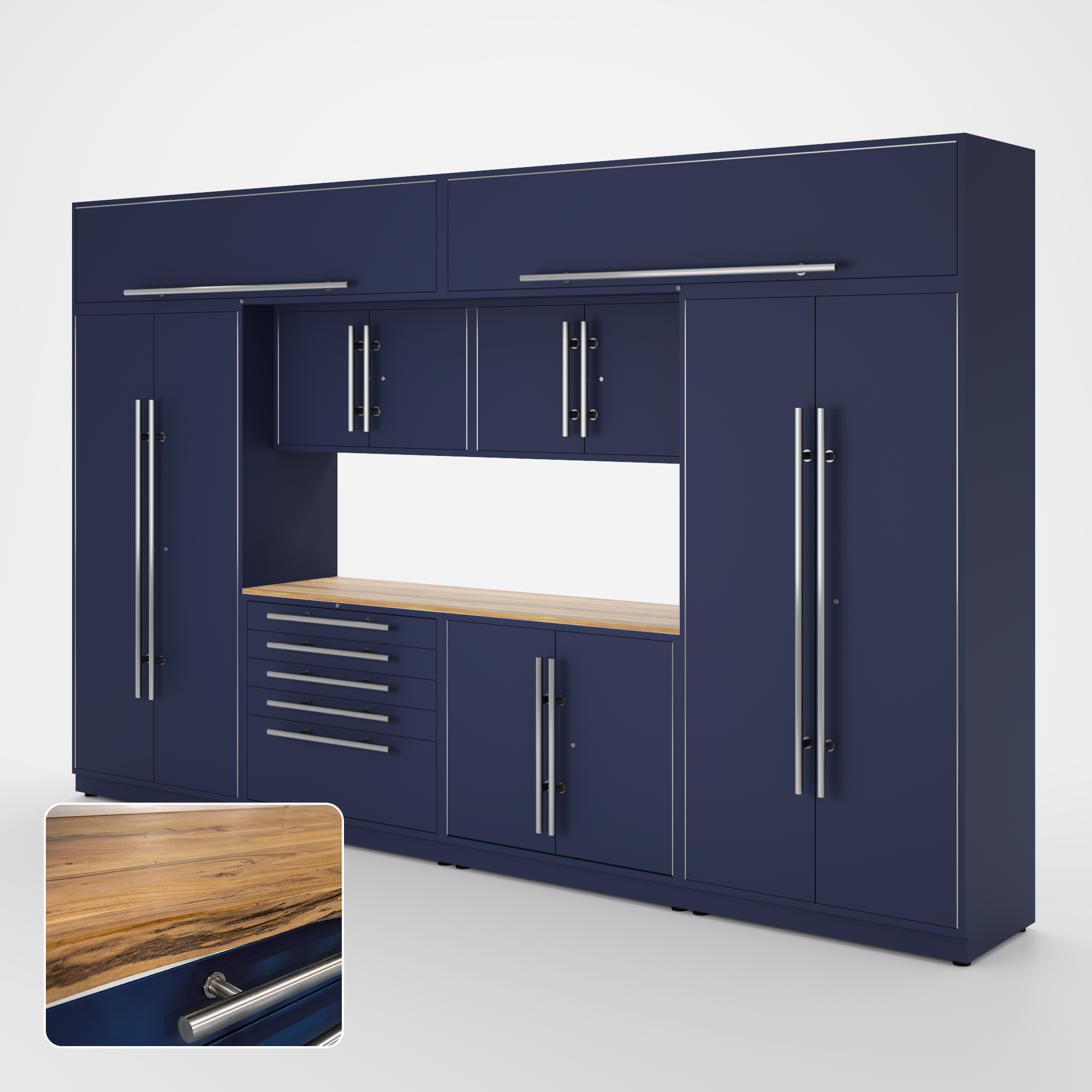 Proslat Lux Cabinets Blue 9 Piece Set with Live Edge Wood