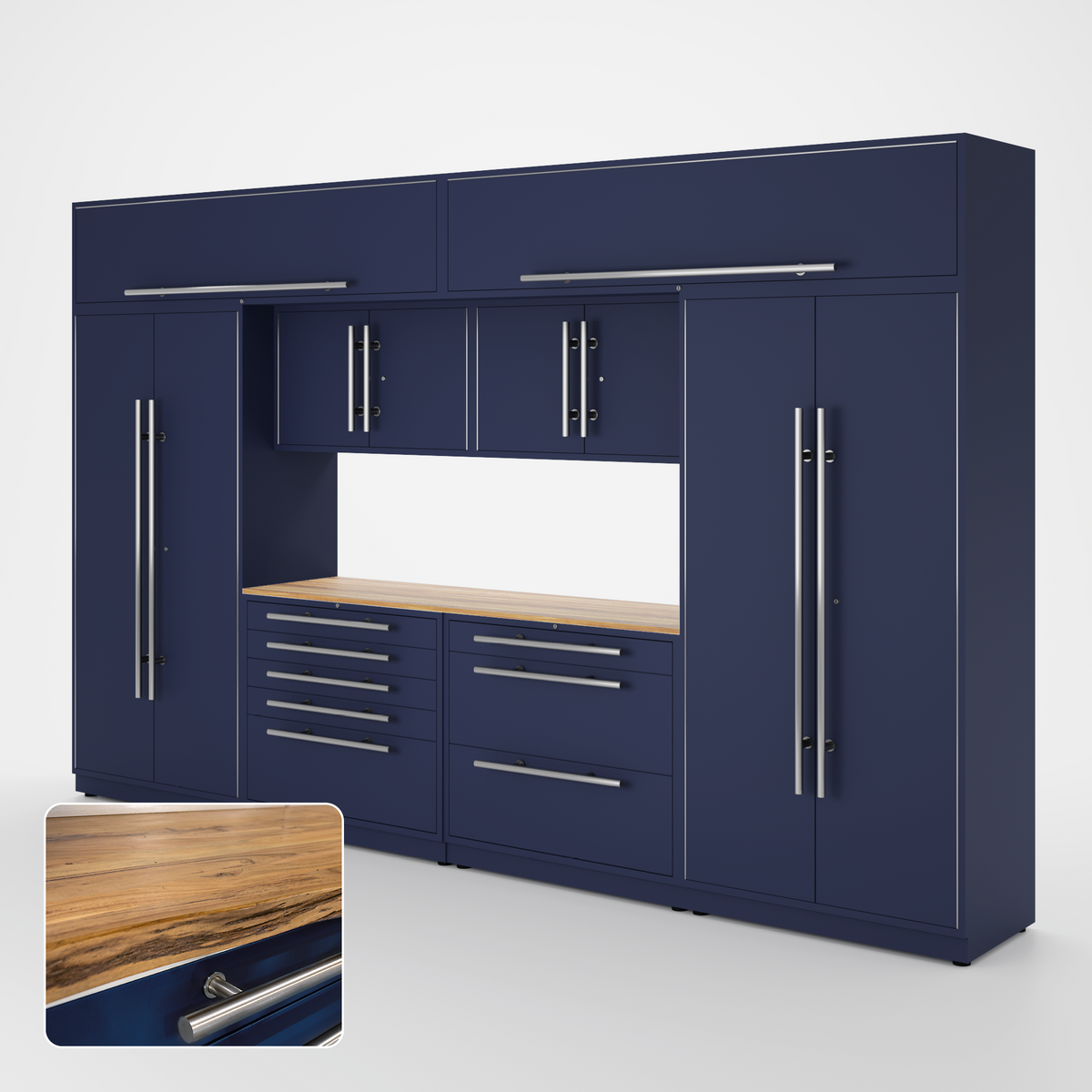 Proslat Lux Cabinets Blue 9 Piece Set with Live Edge Wood