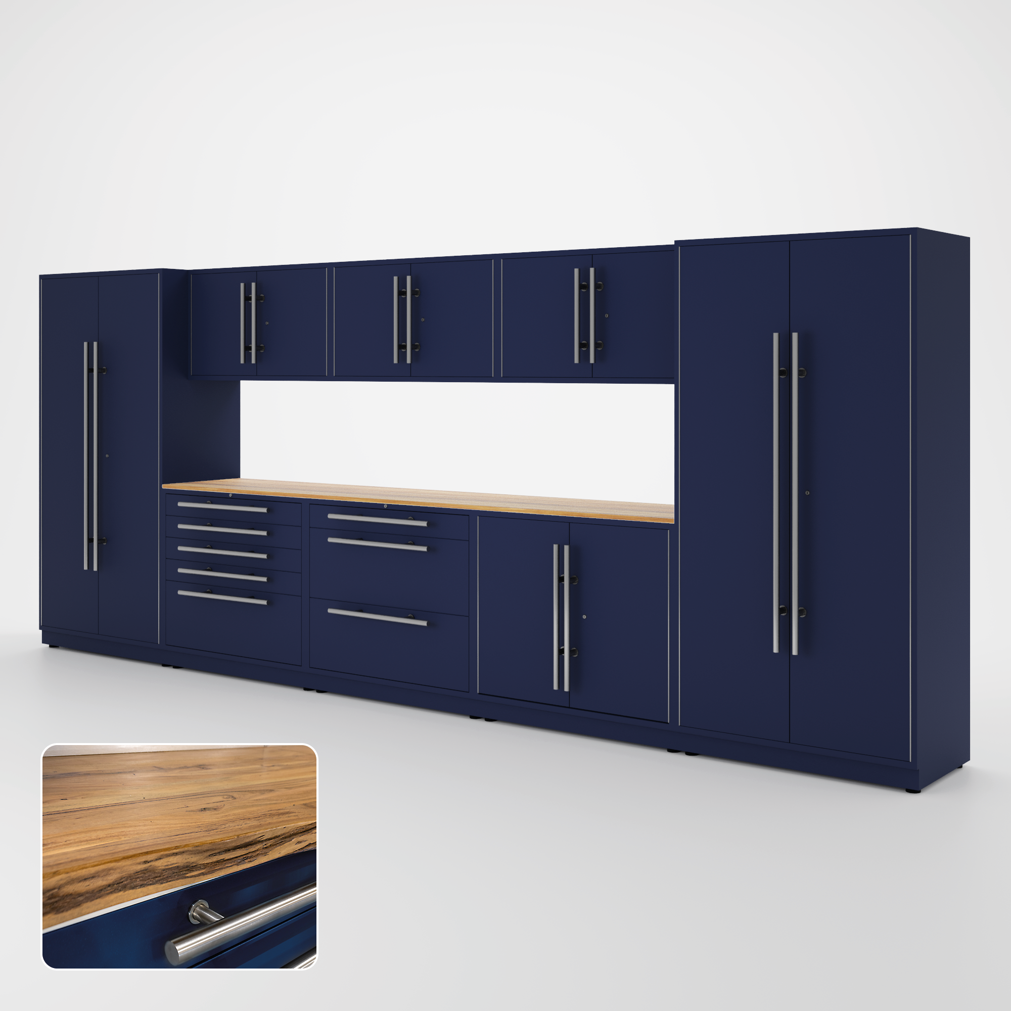 Proslat Lux Cabinets Blue 9 Piece Set with Live Edge Wood