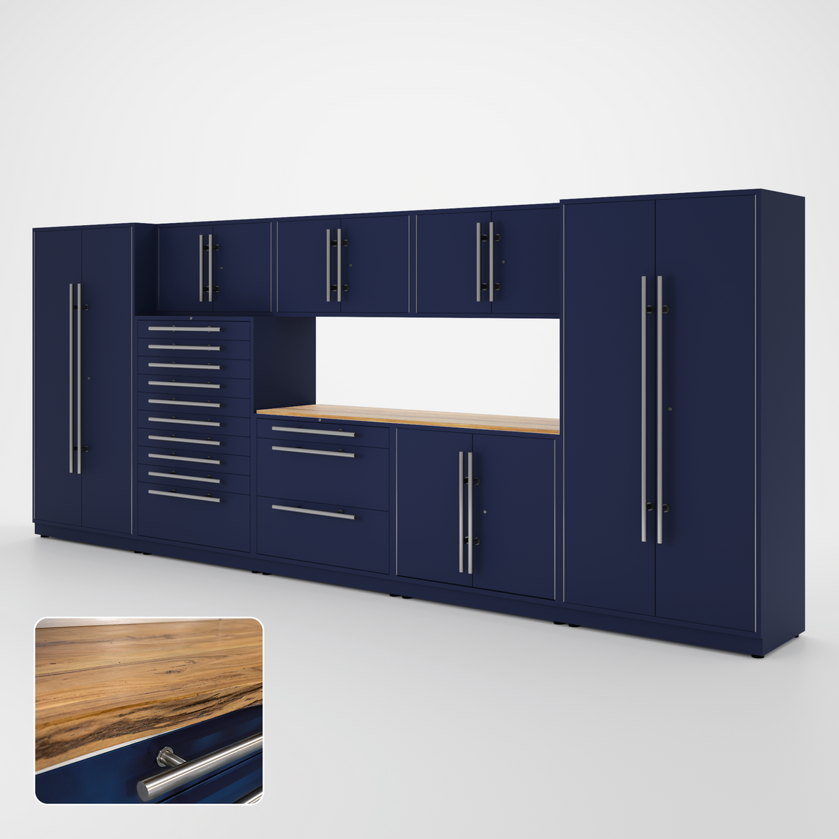 Proslat Lux Cabinets Blue 9 Piece Set with Live Edge Wood