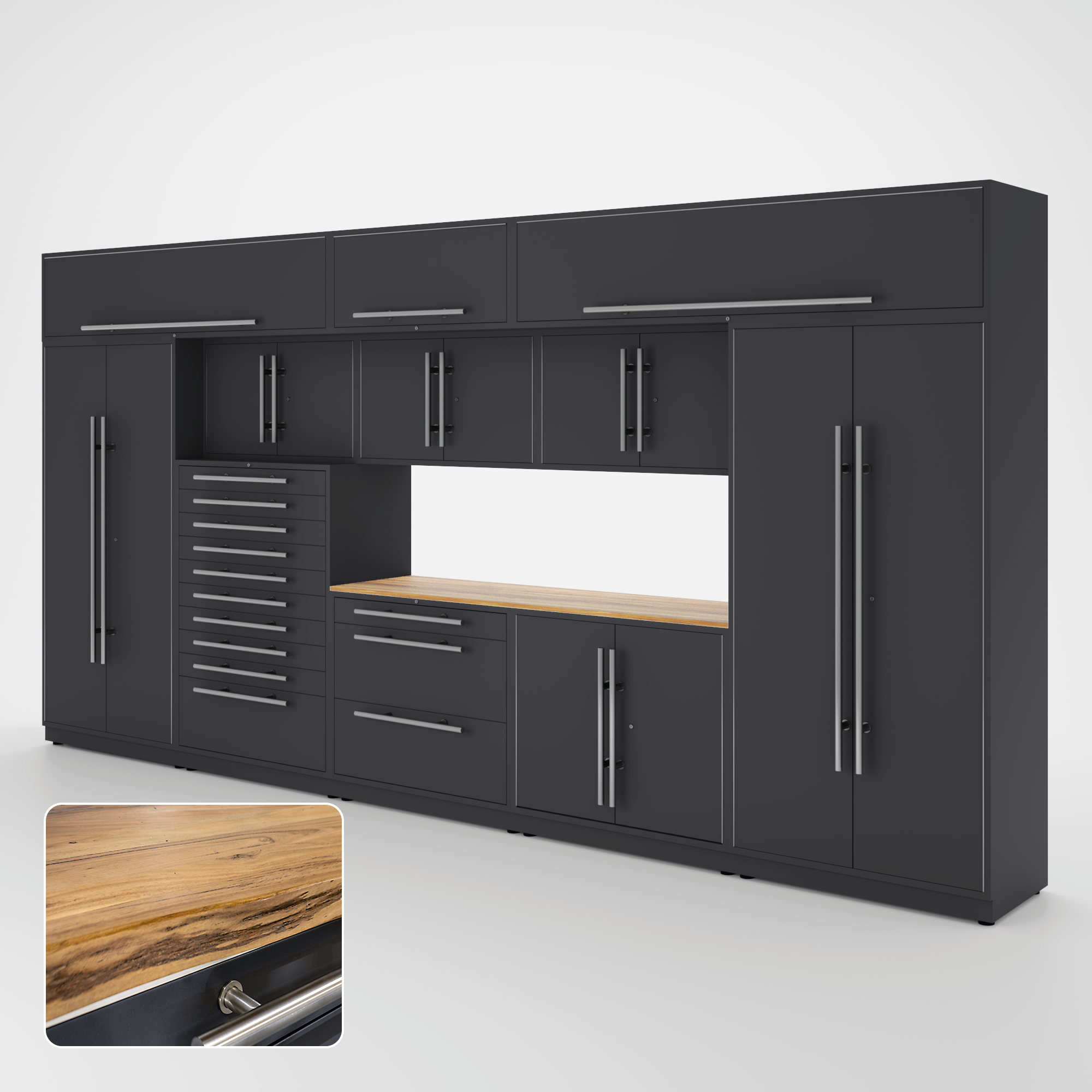 Proslat Lux Cabinets Gray 12 Piece Set with Live Edge Wood
