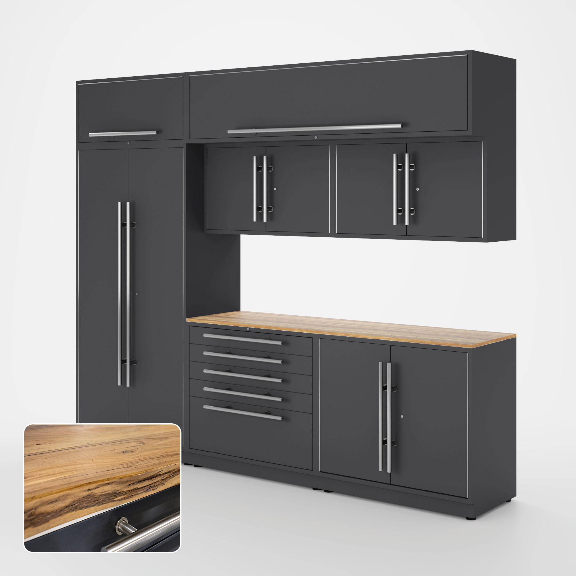 Proslat Lux Cabinets Gray 8 Piece Set with Live Edge Wood