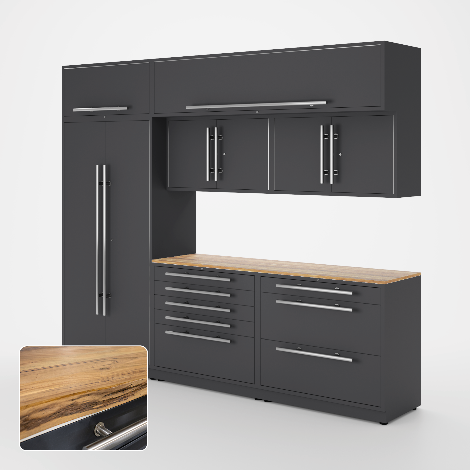 Proslat Lux Cabinets Gray 8 Piece Set with Live Edge Wood
