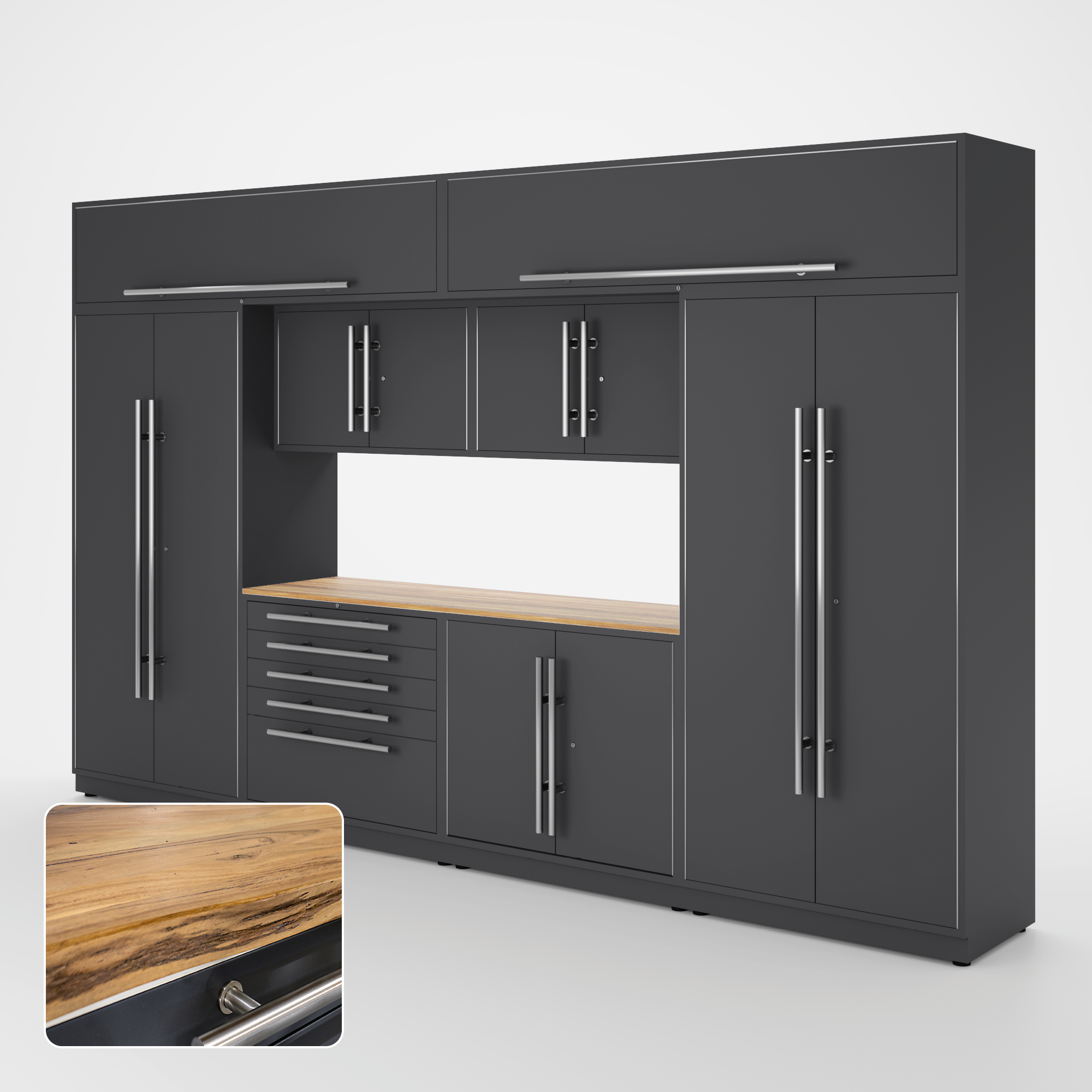 Proslat Lux Cabinets Gray 9 Piece Set with Live Edge Wood