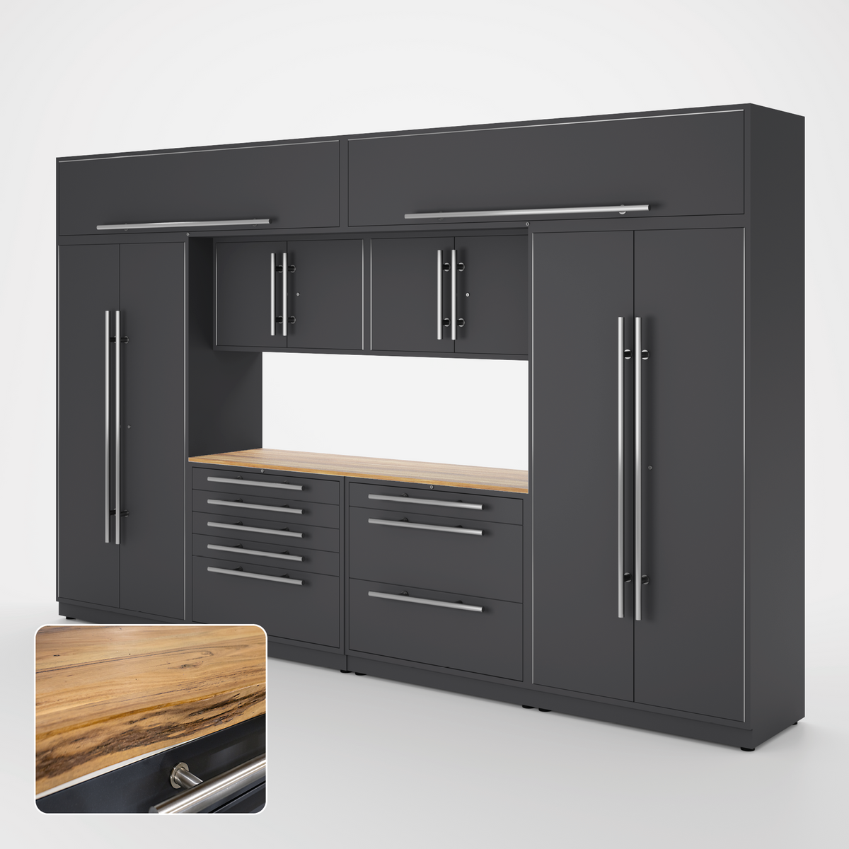 Proslat Lux Cabinets Gray 9 Piece Set with Live Edge Wood