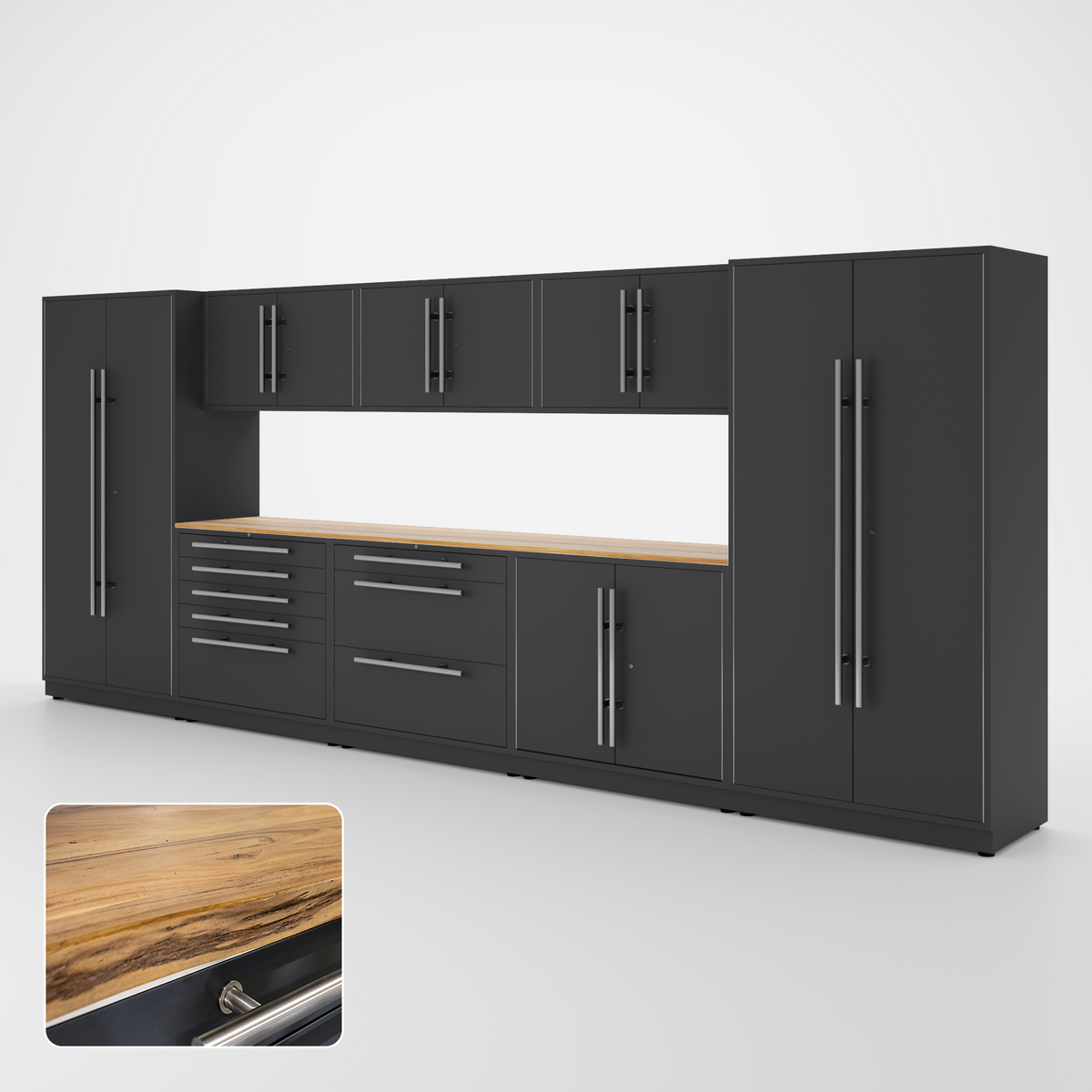 Proslat Lux Cabinets Gray 9 Piece Set with Live Edge Wood