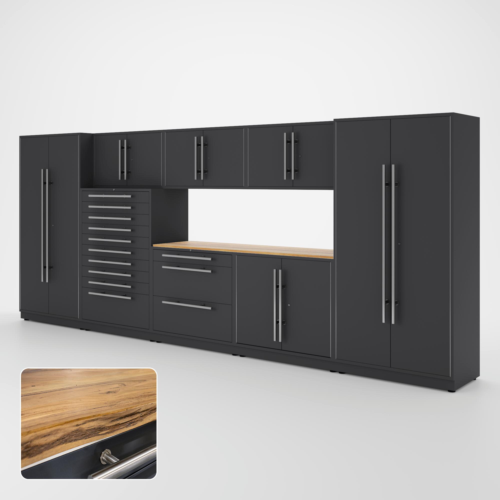 Proslat Lux Cabinets Gray 9 Piece Set with Live Edge Wood