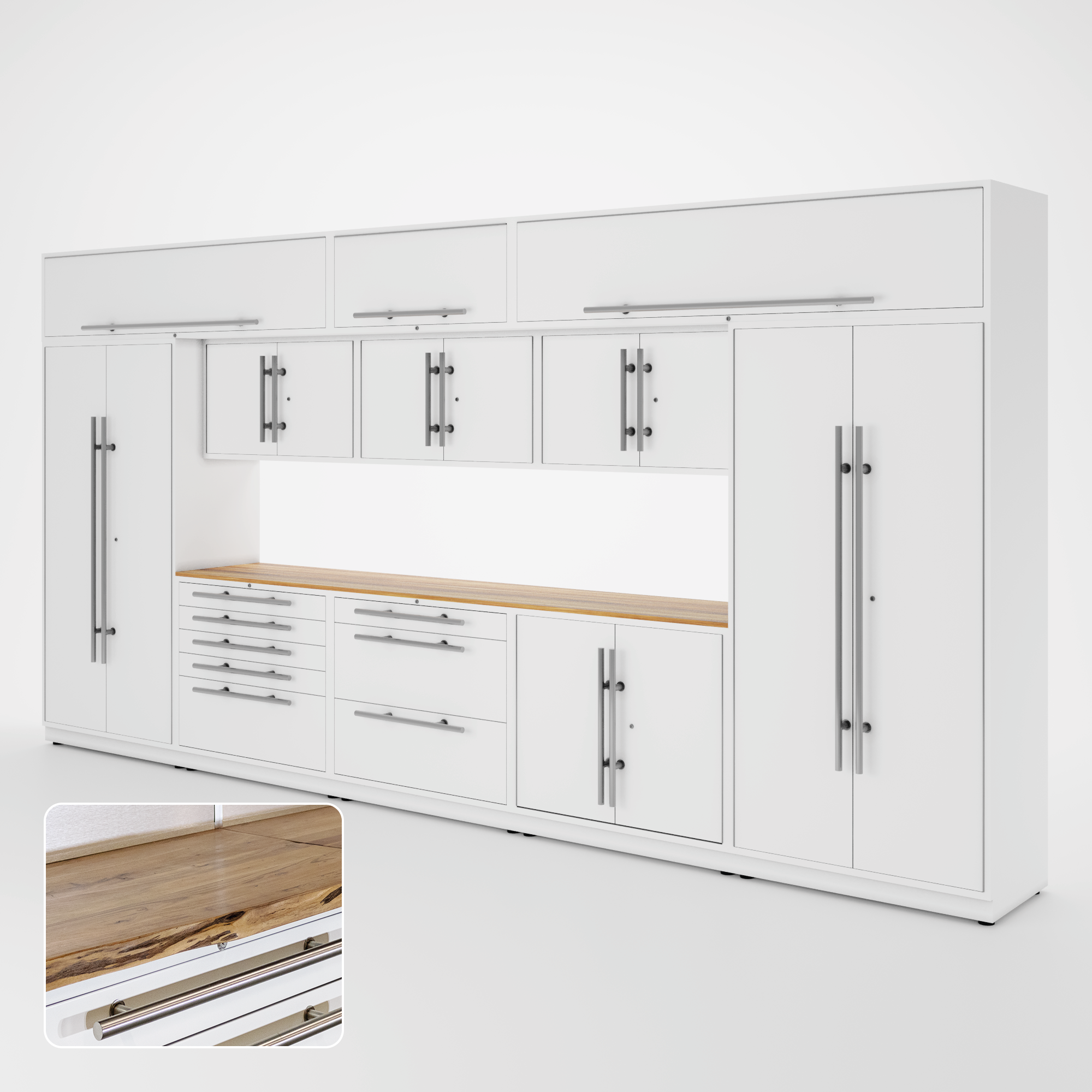 Proslat Lux Cabinets White 12 Piece Set with Live Edge Wood