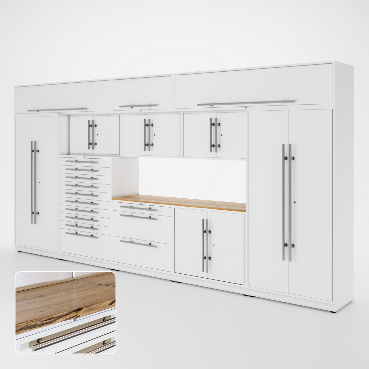 Proslat Lux Cabinets White 12 Piece Set with Live Edge Wood