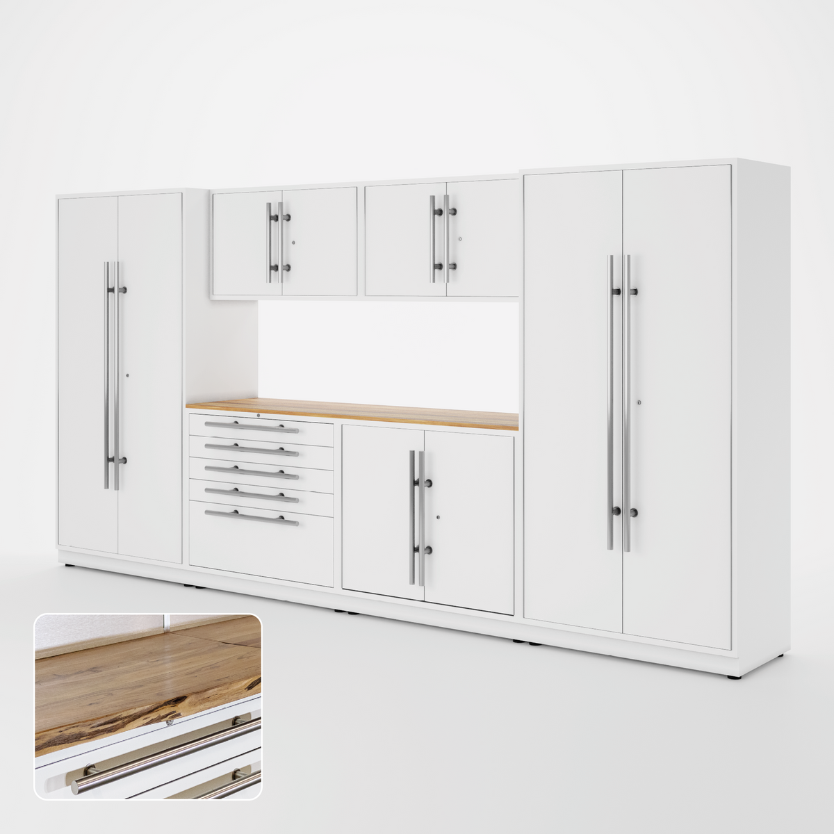 Proslat Lux Cabinets White 7 Piece Set with Live Edge Wood