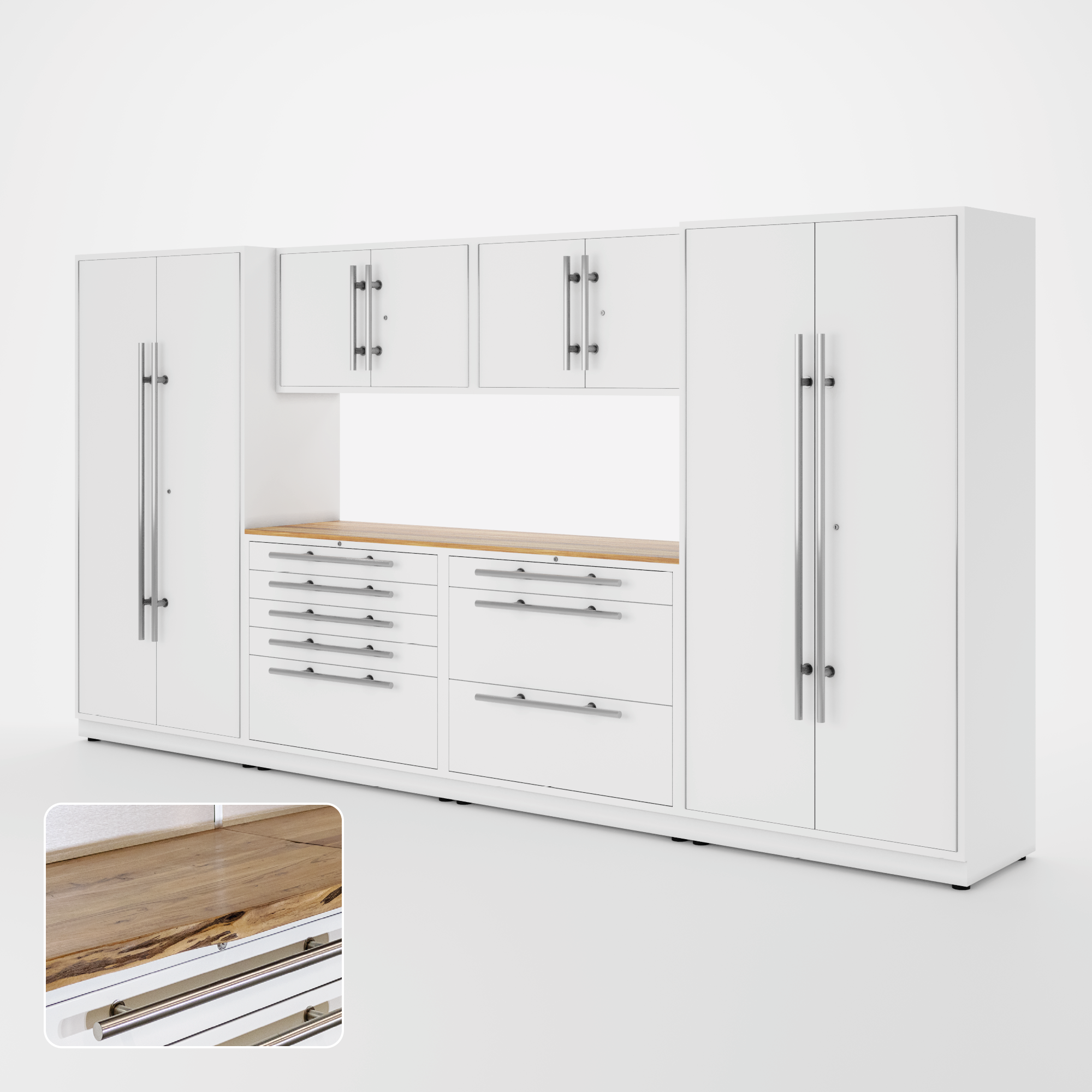 Proslat Lux Cabinets White 7 Piece Set with Live Edge Wood