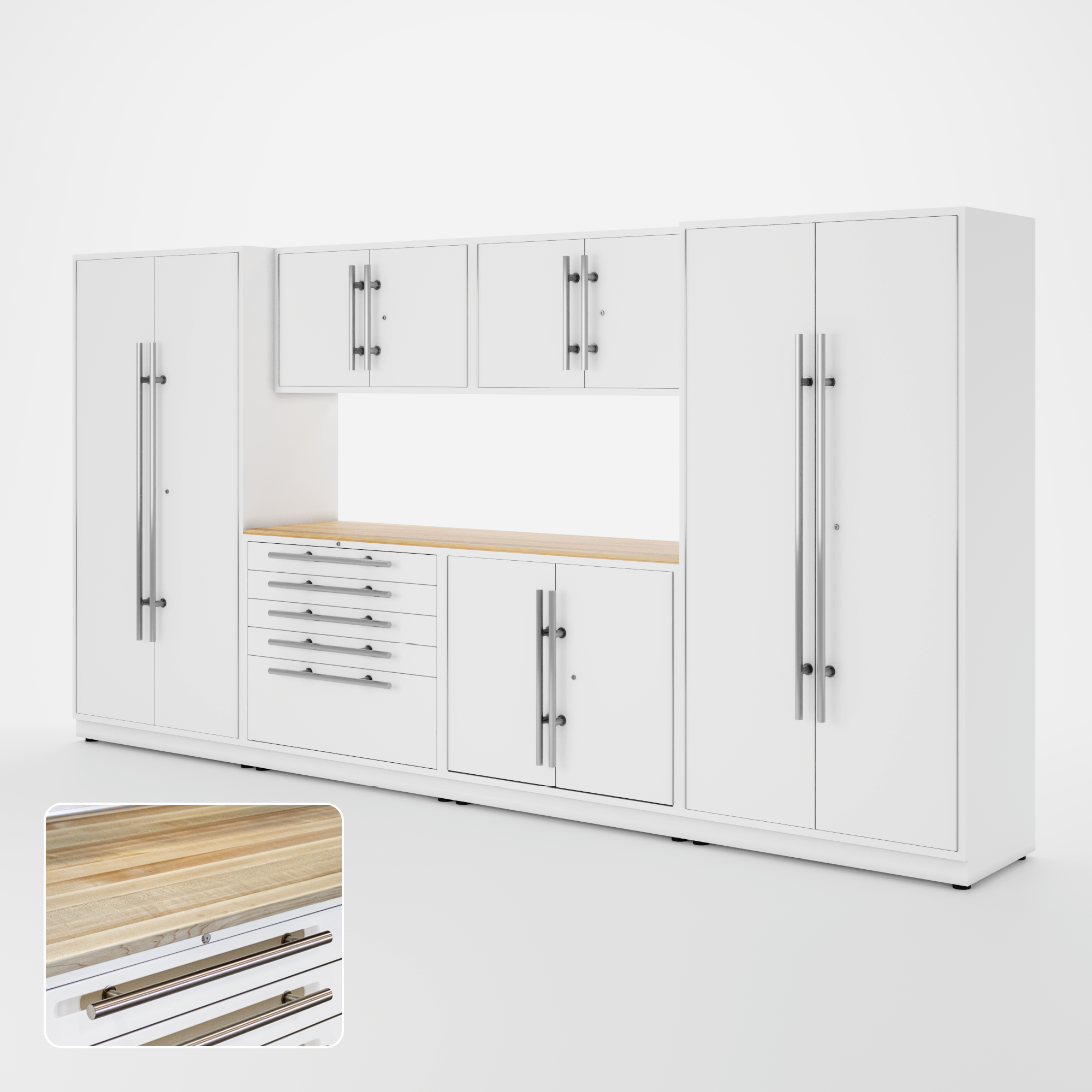 Proslat Lux Cabinets White 7 Piece Set with Maple Wood