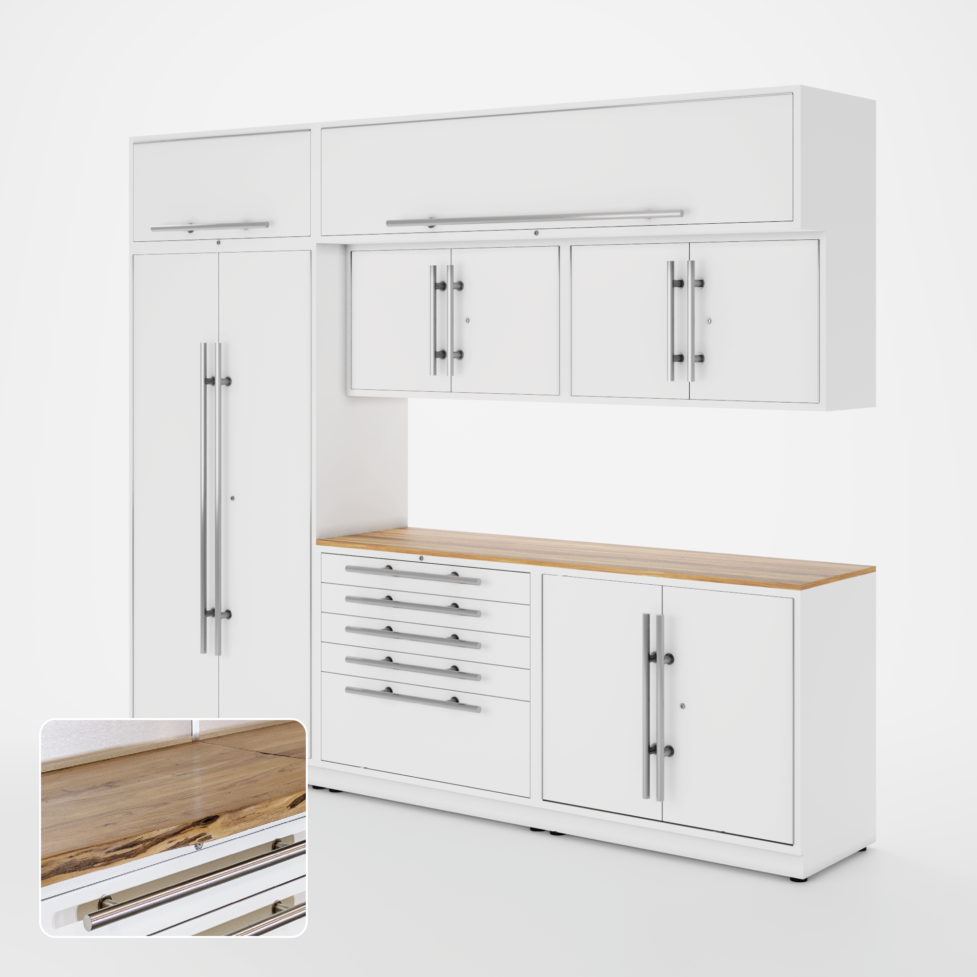 Proslat Lux Cabinets White 8 Piece Set with Live Edge Wood