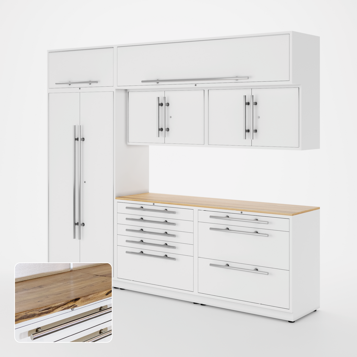 Proslat Lux Cabinets White 8 Piece Set with Live Edge Wood