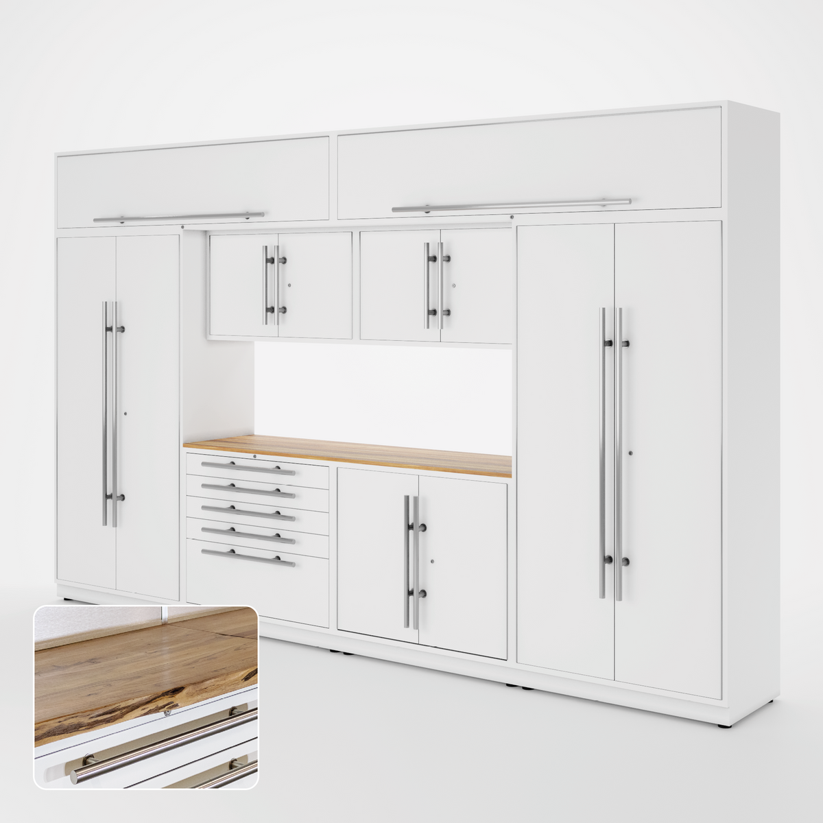 Proslat Lux Cabinets White 9 Piece Set with Live Edge Wood
