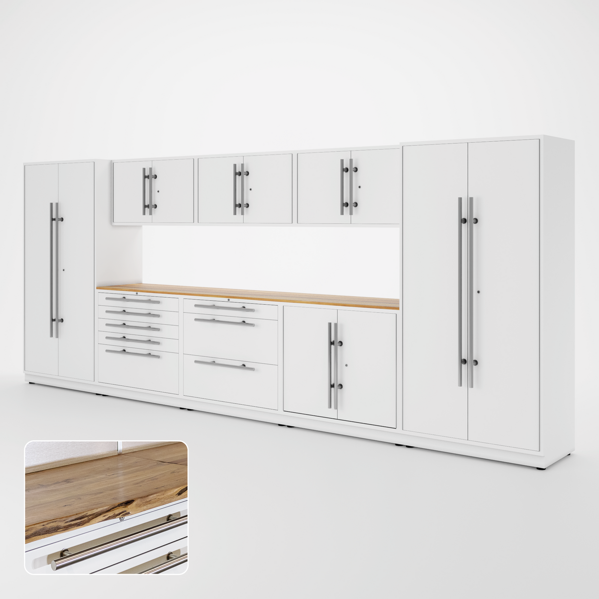 Proslat Lux Cabinets White 9 Piece Set with Live Edge Wood