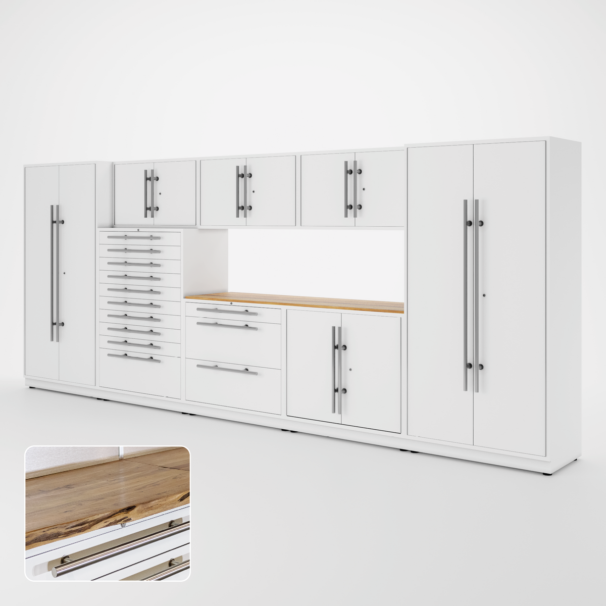 Proslat Lux Cabinets White 9 Piece Set with Live Edge Wood