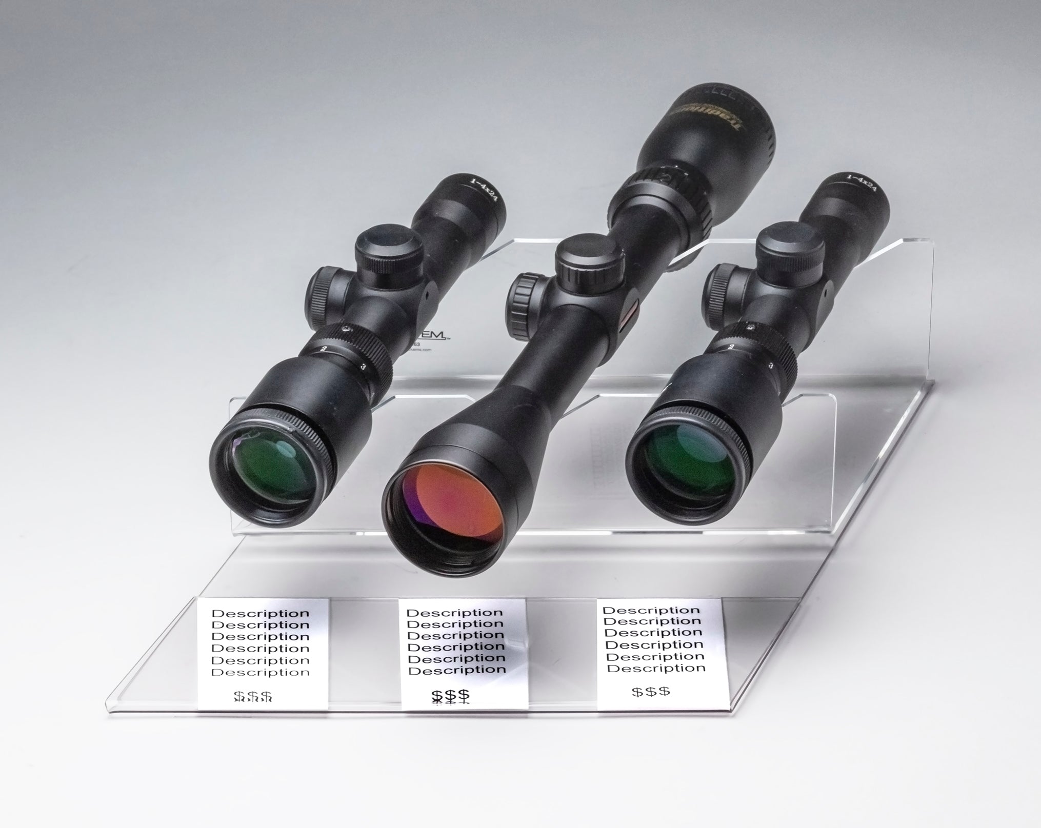 3 Scope 3 Scope Angled Acrylic Display with Price Tag Holder (SKU: 6471)