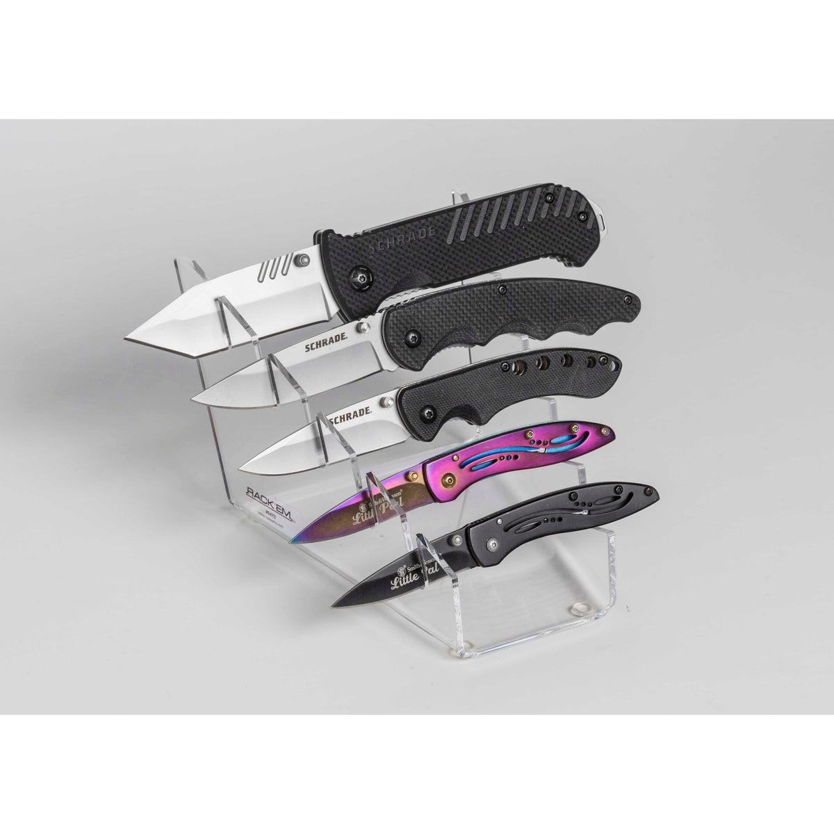 5 Knife Waterfall Clear Acrylic Display Small to Large Knife Display front narrow/rear wide 4.5 "W x 5"D x 3.75"H (SKU: 6470)