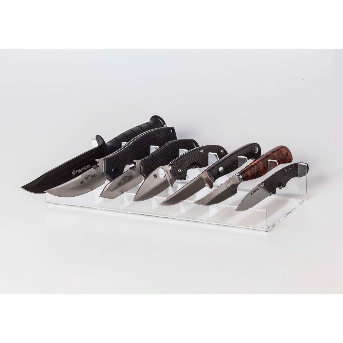 7 Knife Side-By-Side Clear Acrylic Display 13.5"W x 3.75"D x 2.25"H (SKU: 6469)