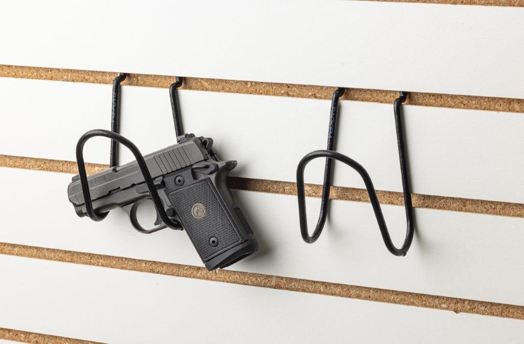 Extra Large Pistol Hook - 3" x 5" Black Display. Fits Slat Wall & Peg Board (SKU: 6160)