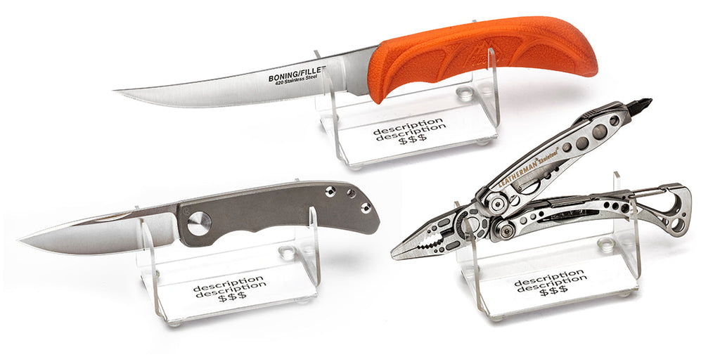 Single Knife/Multi-Tool Acrylic Display with horizontal price tag holder. (SKU: 6453)