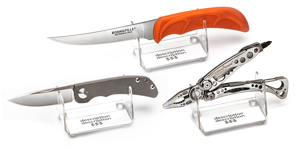 Single Knife/Multi-Tool Acrylic Display with horizontal price tag holder. (SKU: 6453)